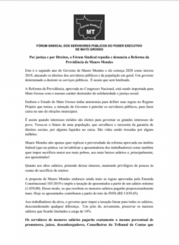 Fórum Sindical publica Nota de Repúdio contra Reforma da Previdência de Mauro Mendes