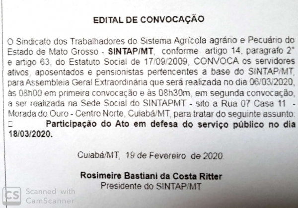 Diretoria do SIntap/MT convoca servidores para Assembleia Geral no dia 06 de março