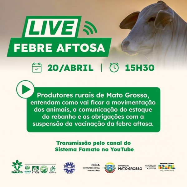 Sintap/MT informa que Indea irá realizar live nesta quinta-feira para esclarecer dúvidas de produtores sobre febre aftosa