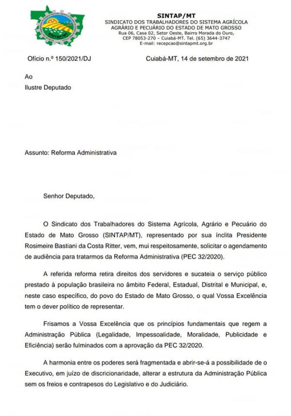 Servidores pressionam deputados em Brasília para barrarem PEC32/2020; Diretores do Sintap/MT protocolam ofícios nos gabinetes