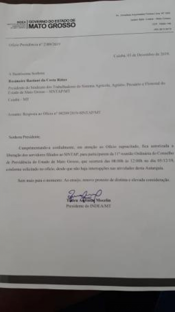 Presidente do Indea libera servidores sindicalizados ao Sintap para participar de reunião do MTPrev